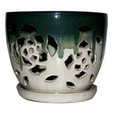 8" Evergreen Emerald Over Cream Floral Cutout Ceramic Planter