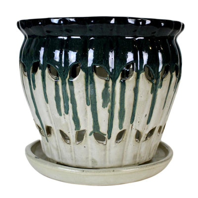 10" Emerald Over Cream Pinwheel Fluted Ceramic Planter