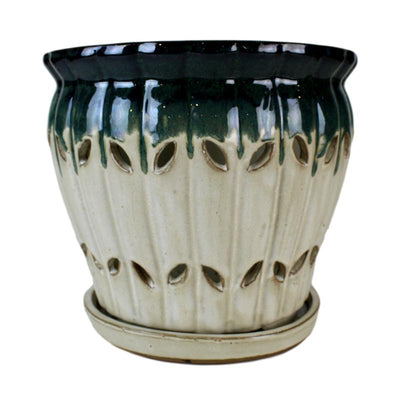 8" Evergreen Emerald Over Cream Pinwheel Fluted Ceramic Planter