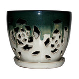 6" Evergreen Emerald Over Cream Floral Cutout Orchid Pot